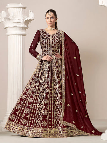 Monjolika Fashion Maroon Color Embroidered Santoon Georgette Salwar Suit - Distacart