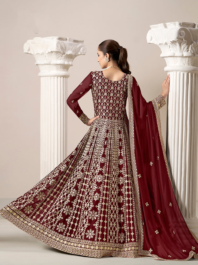 Monjolika Fashion Maroon Color Embroidered Santoon Georgette Salwar Suit