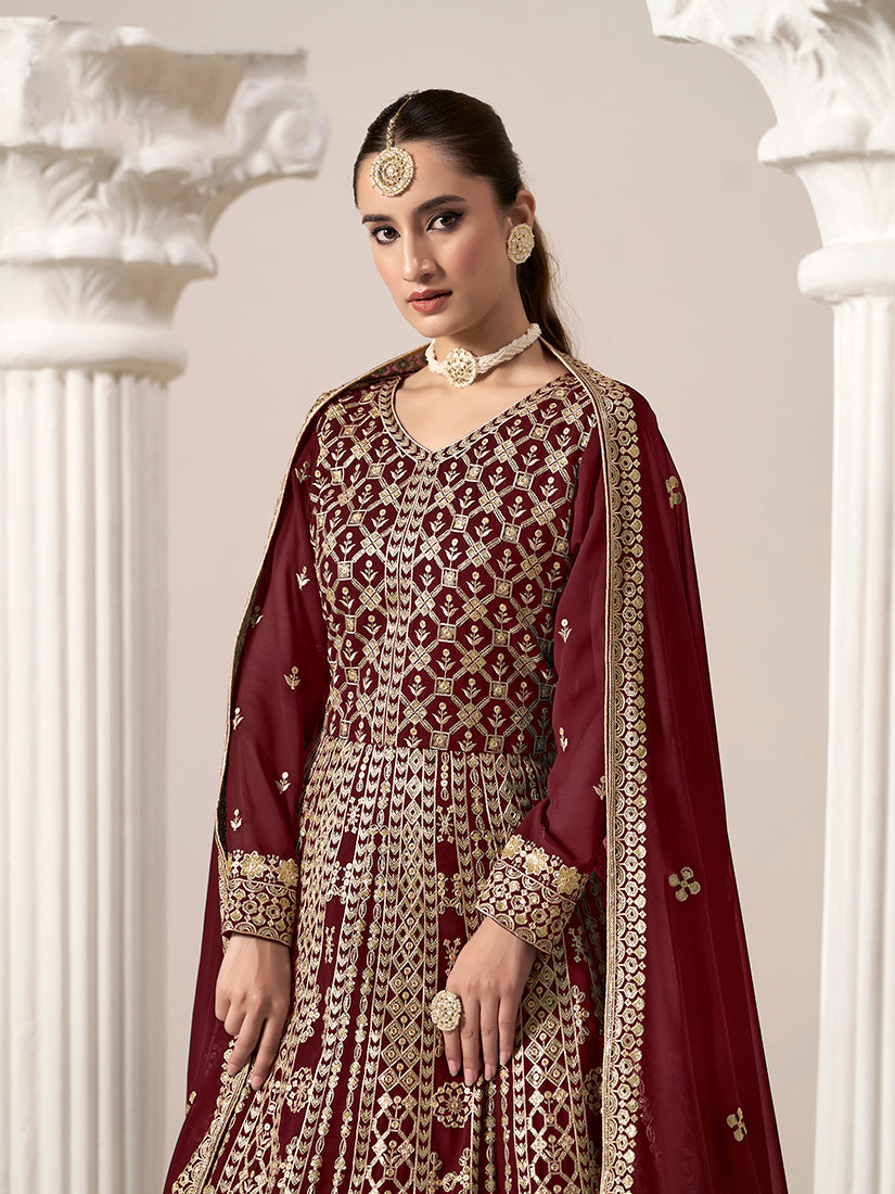 Monjolika Fashion Maroon Color Embroidered Santoon Georgette Salwar Suit
