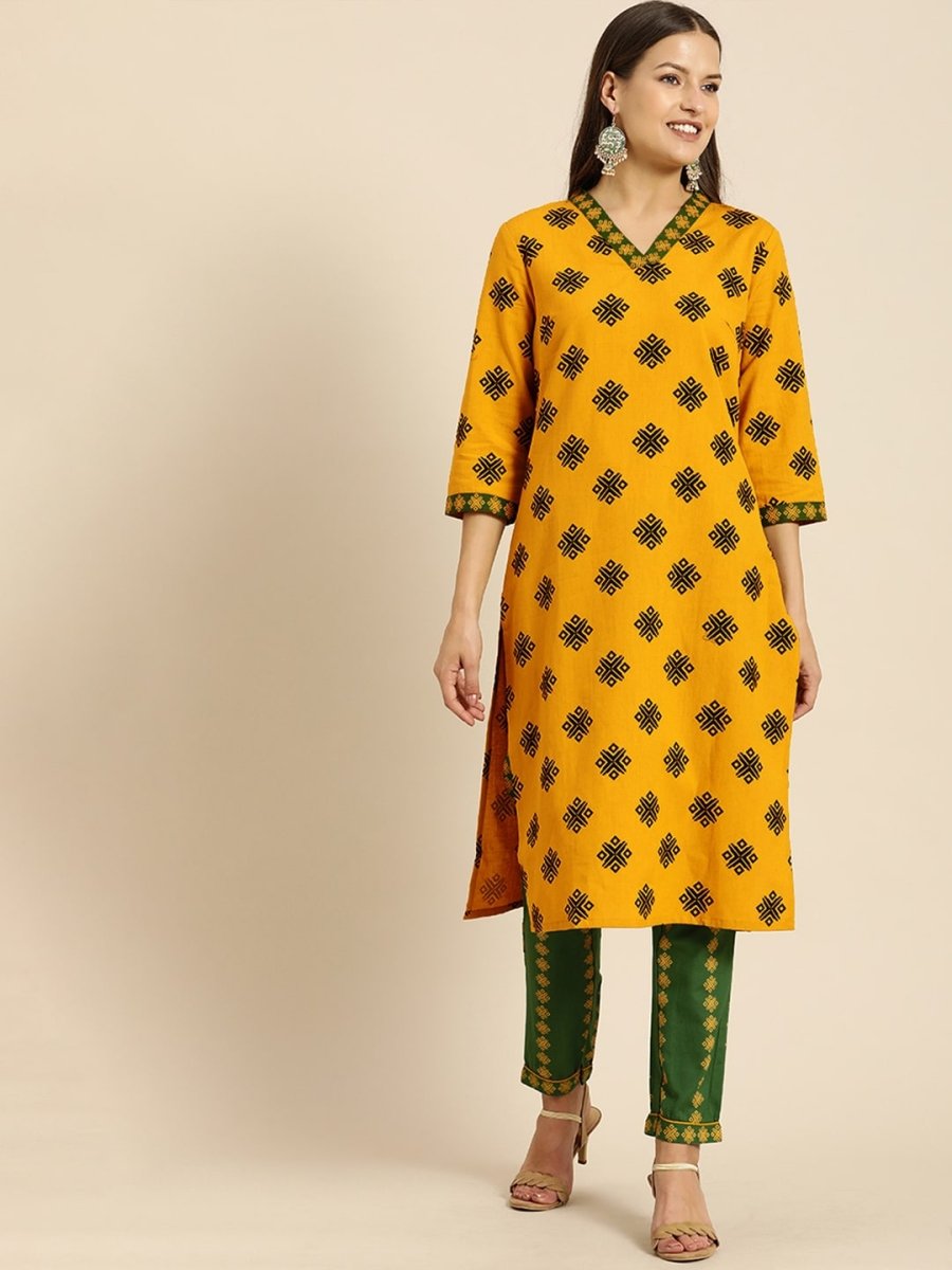 All About You Women Mustard Yellow Ethnic Motifs Printed Kurta with Green Printed Trousers - Distacart