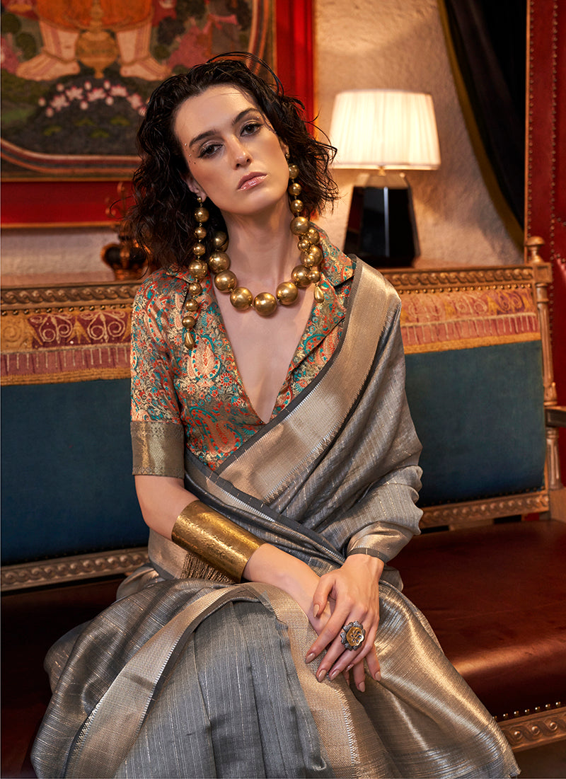 Monjolika Fashion Grey Chiffon Weaving Trendy Saree - Distacart