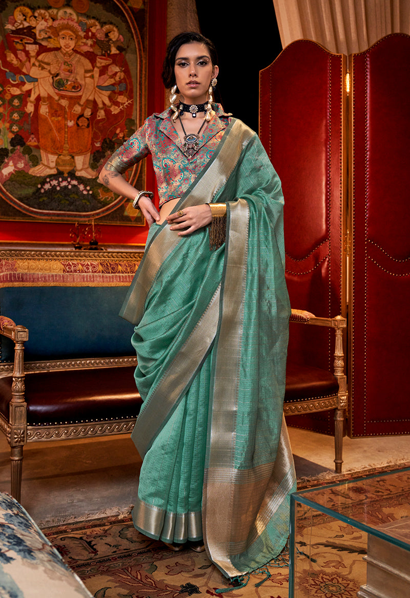 Monjolika Fashion Turquoise Chiffon Weaving Trendy Saree