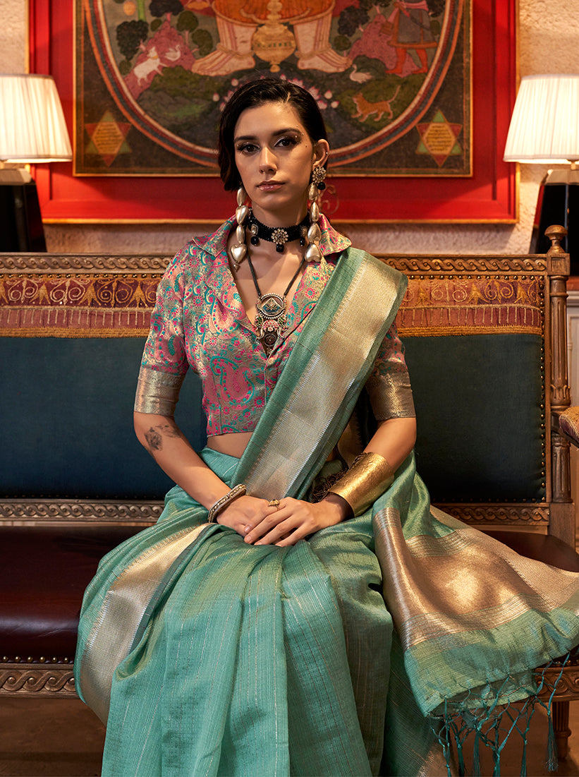 Monjolika Fashion Turquoise Chiffon Weaving Trendy Saree