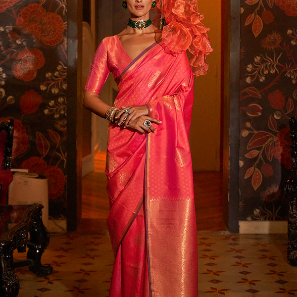 Monjolika Fashion Handloom Silk Weaving Peach Trendy Saree - Distacart
