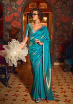 Thumbnail for Monjolika Fashion Handloom Silk Weaving Aqua Blue Trendy Saree - Distacart
