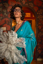 Thumbnail for Monjolika Fashion Handloom Silk Weaving Aqua Blue Trendy Saree - Distacart