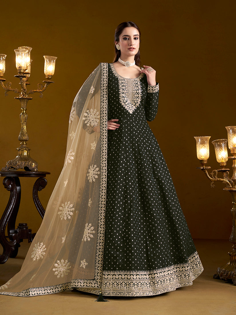 Monjolika Fashion Black Color Embroidered Santoon Chanderi Silk Salwar Suit - Distacart