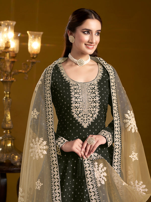 Monjolika Fashion Black Color Embroidered Santoon Chanderi Silk Salwar Suit