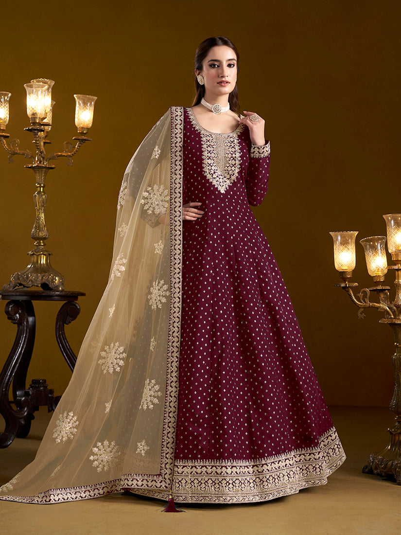 Monjolika Fashion Burgundy Color Embroidered Santoon Chanderi Silk Salwar Suit