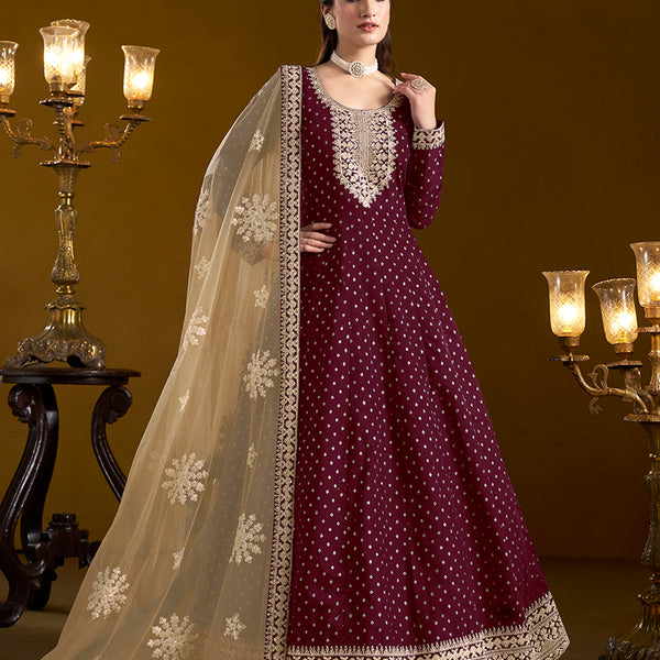 Monjolika Fashion Burgundy Color Embroidered Santoon Chanderi Silk Salwar Suit - Distacart