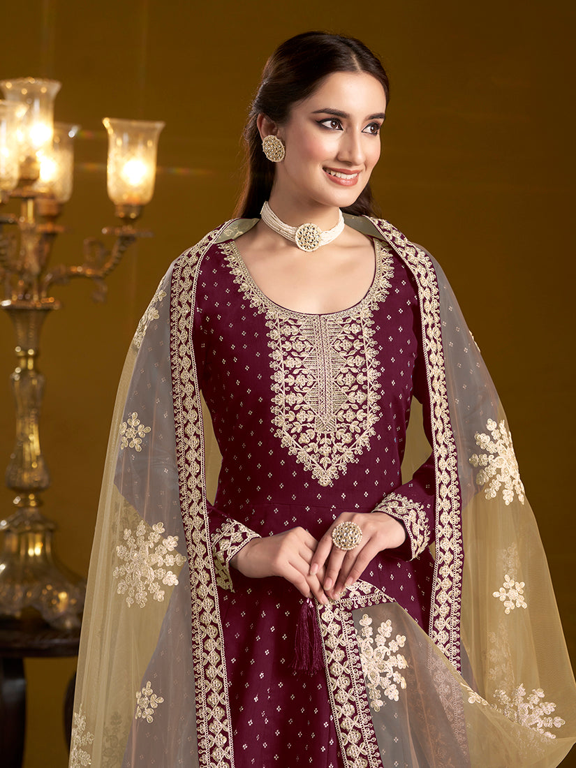 Monjolika Fashion Burgundy Color Embroidered Santoon Chanderi Silk Salwar Suit
