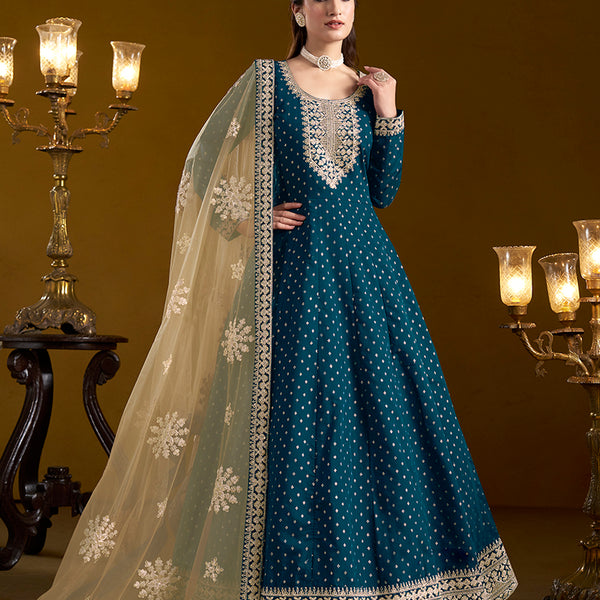 Monjolika Fashion Teal-Blue Color Embroidered Santoon Chanderi Silk Salwar Suit - Distacart