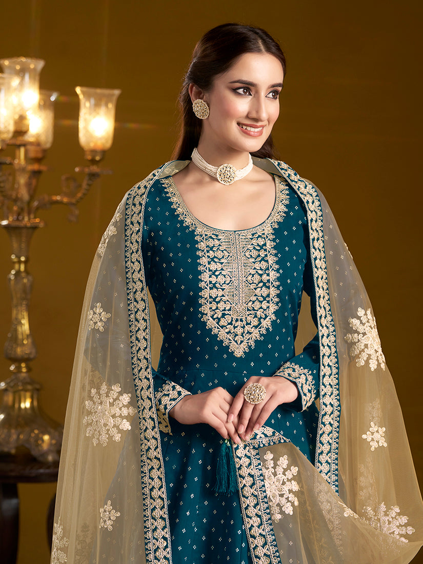 Monjolika Fashion Teal-Blue Color Embroidered Santoon Chanderi Silk Salwar Suit