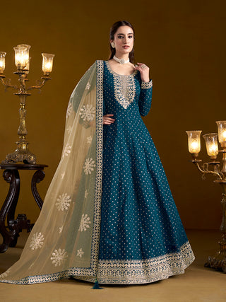 Monjolika Fashion Teal-Blue Color Embroidered Santoon Chanderi Silk Salwar Suit