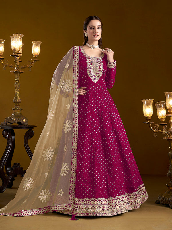 Monjolika Fashion Magenta Color Embroidered Santoon Chanderi Silk Salwar Suit