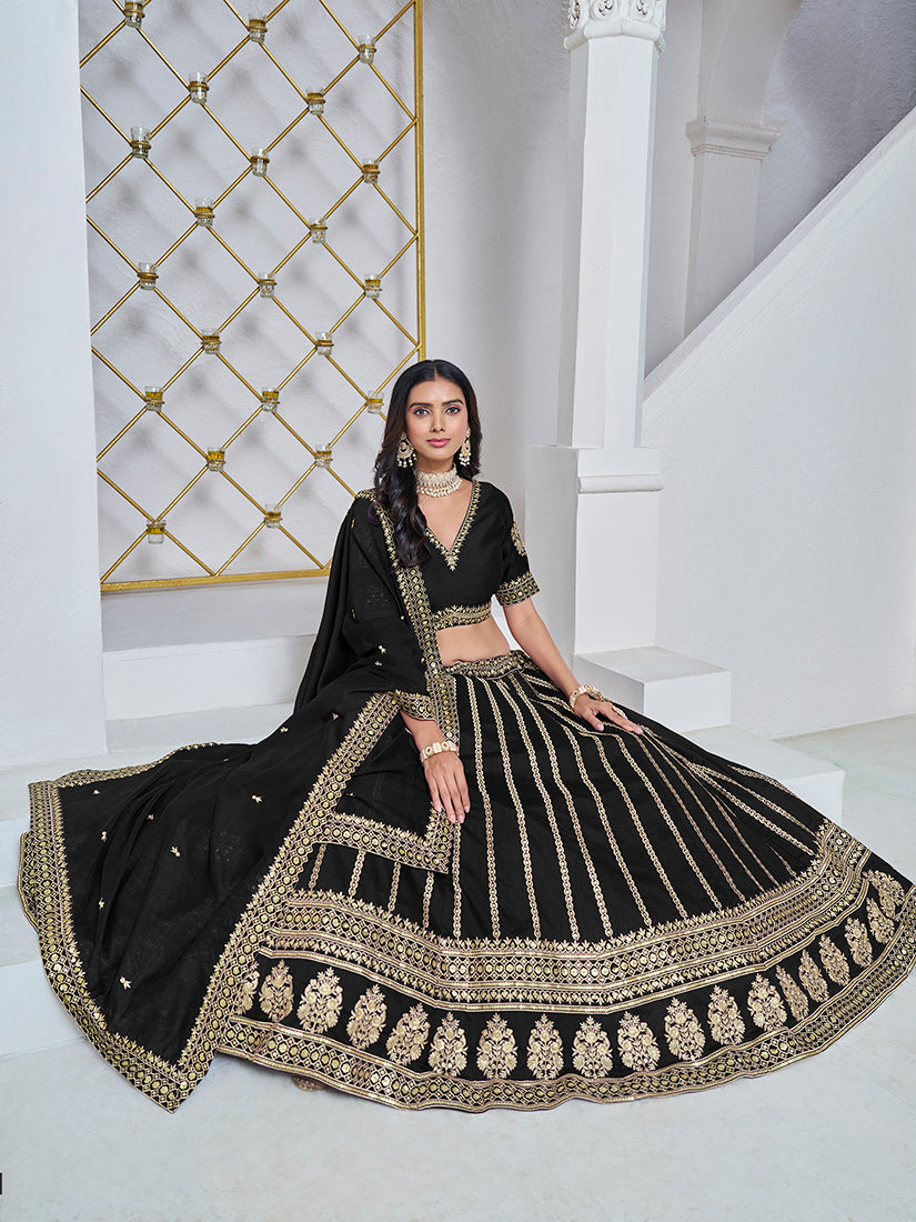 Monjolika Fashion Embroidered Art Silk Trendy Lehenga Choli In Black