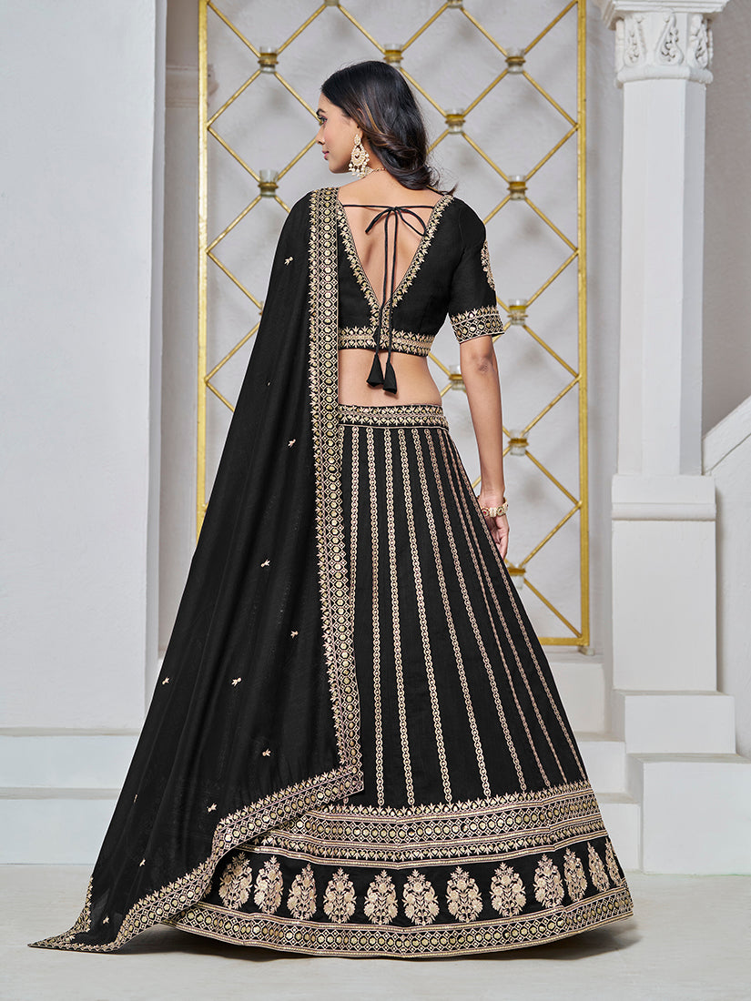 Monjolika Fashion Embroidered Art Silk Trendy Lehenga Choli In Black