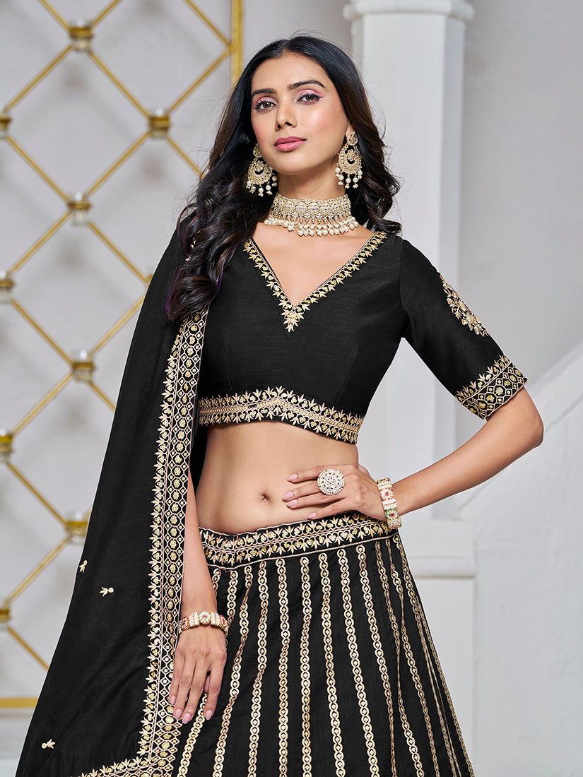Monjolika Fashion Embroidered Art Silk Trendy Lehenga Choli In Black