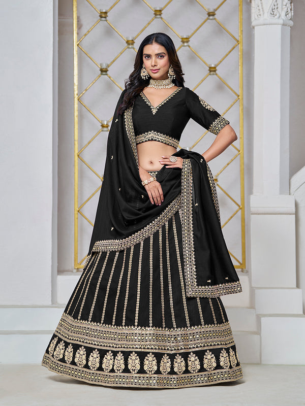 Monjolika Fashion Embroidered Art Silk Trendy Lehenga Choli In Black