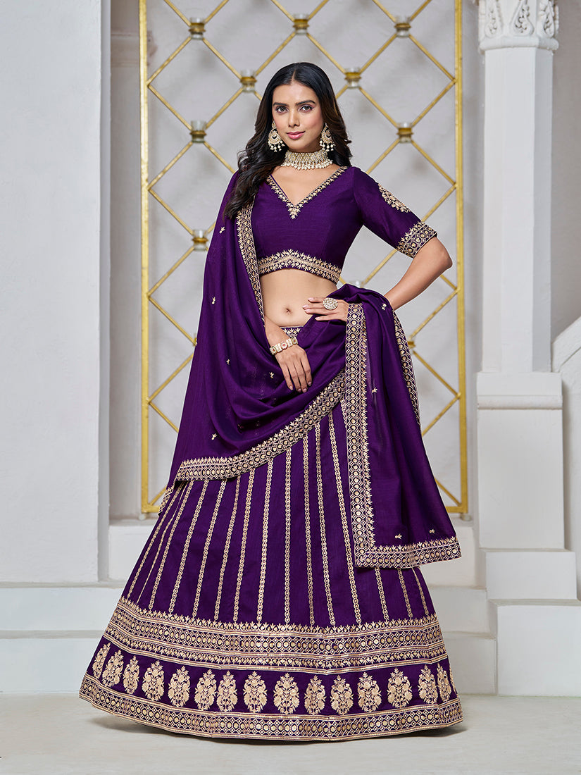 Monjolika Fashion Embroidered Art Silk Trendy Lehenga Choli In Purple