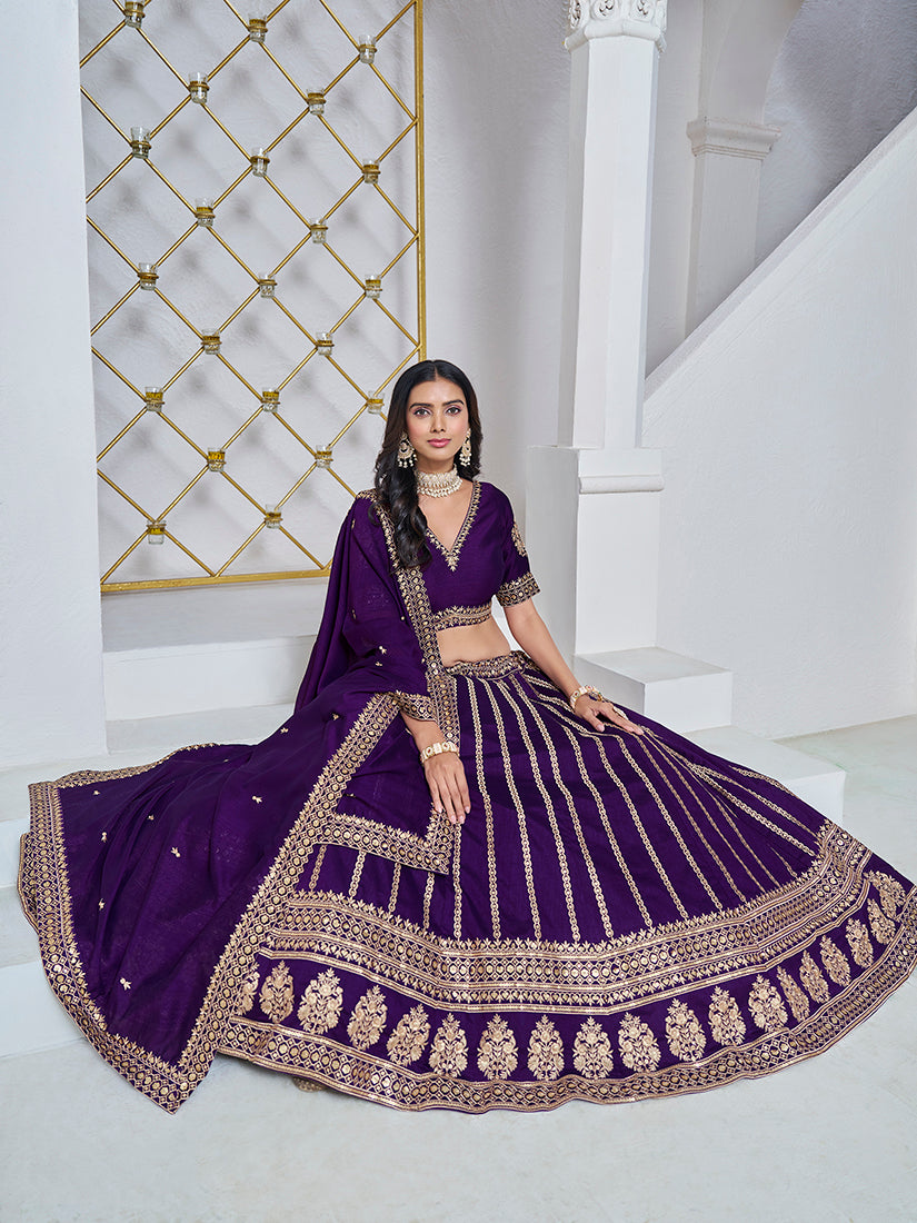 Monjolika Fashion Embroidered Art Silk Trendy Lehenga Choli In Purple