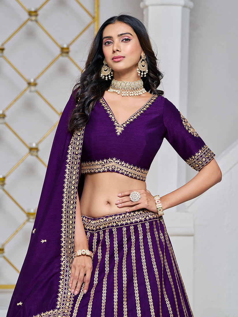 Monjolika Fashion Embroidered Art Silk Trendy Lehenga Choli In Purple
