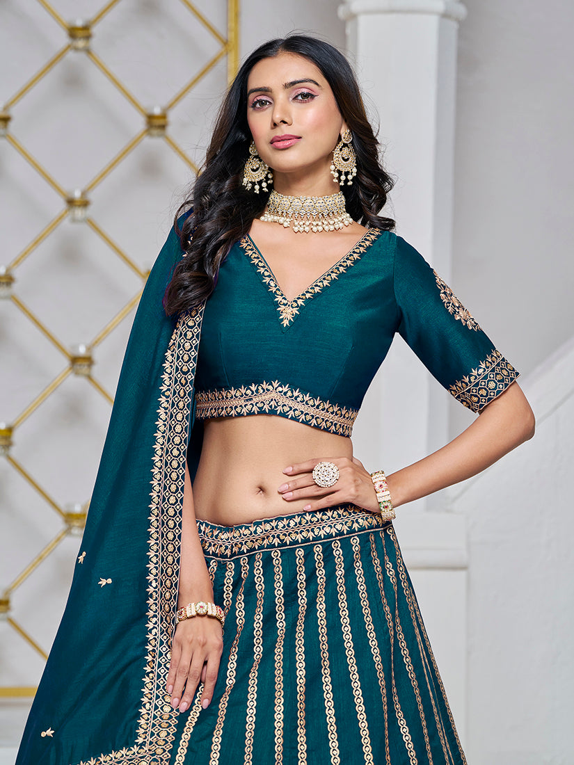 Monjolika Fashion Embroidered Art Silk Trendy Lehenga Choli In Teal