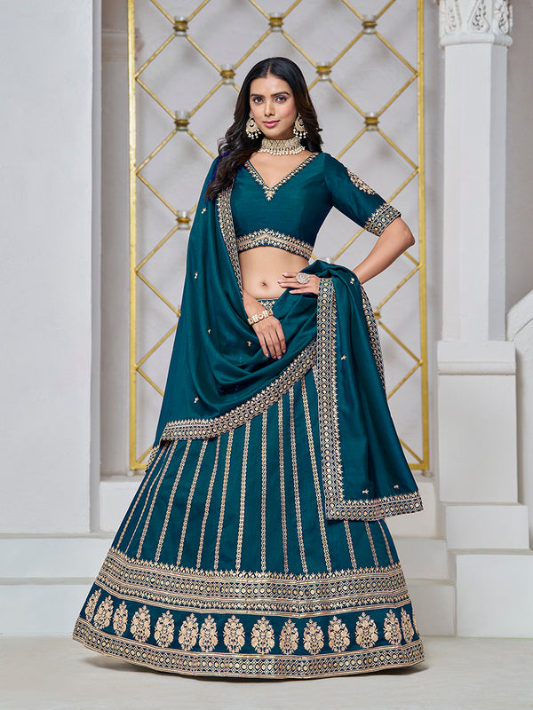 Monjolika Fashion Embroidered Art Silk Trendy Lehenga Choli In Teal