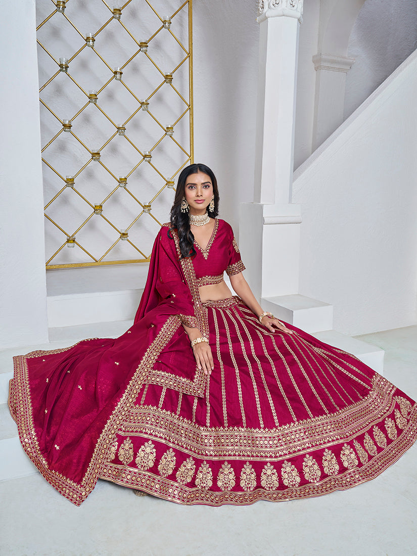 Monjolika Fashion Embroidered Art Silk Trendy Lehenga Choli In Rani Pink