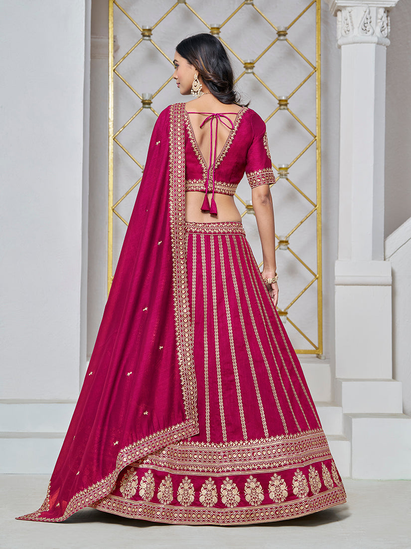 Monjolika Fashion Embroidered Art Silk Trendy Lehenga Choli In Rani Pink