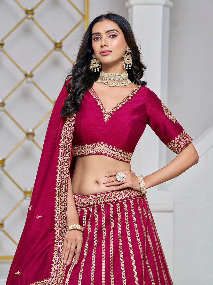 Monjolika Fashion Embroidered Art Silk Trendy Lehenga Choli In Rani Pink