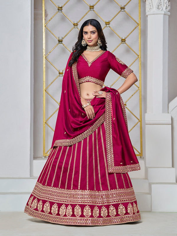 Monjolika Fashion Embroidered Art Silk Trendy Lehenga Choli In Rani Pink