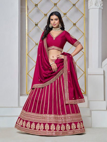 Monjolika Fashion Embroidered Art Silk Trendy Lehenga Choli In Rani Pink