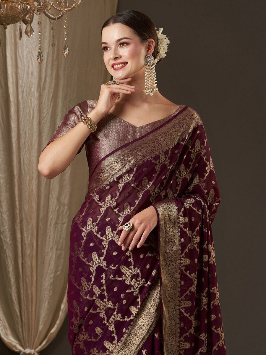 Anouk Purple & Gold-Toned Woven Design Zari Pure Georgette Kanjeevaram Saree - Distacart