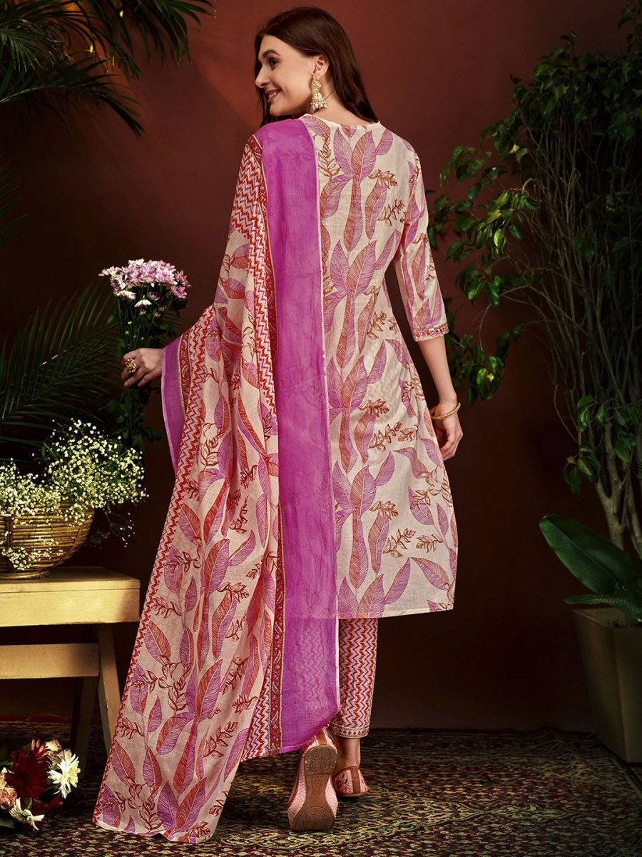 Anouk Pink Floral Embroidered Thread Work V-Neck Pure Cotton Kurta With Trousers & Dupatta
