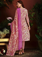 Thumbnail for Anouk Pink Floral Embroidered Thread Work V-Neck Pure Cotton Kurta With Trousers & Dupatta