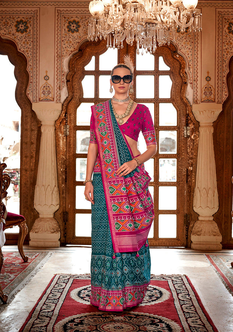 Monjolika Fashion Teal Patola Print Festival Contemporary Saree