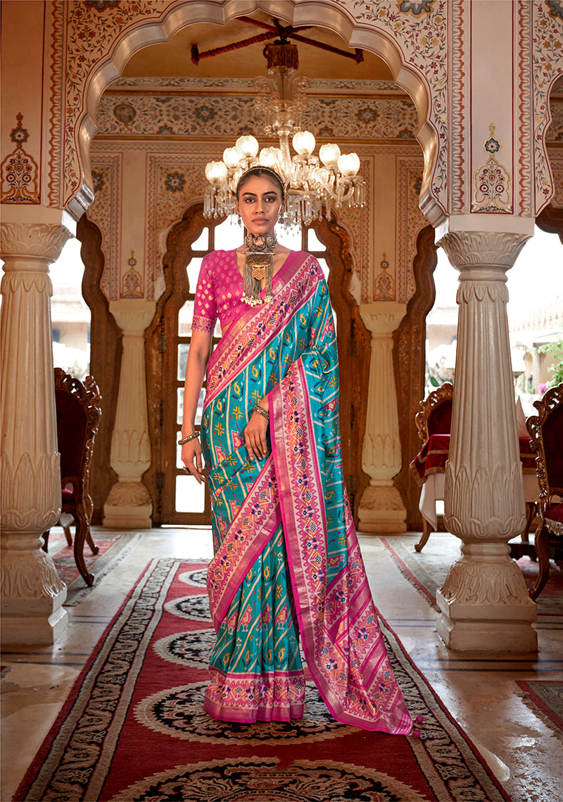 Monjolika Fashion Aqua Blue Patola Print Festival Contemporary Saree