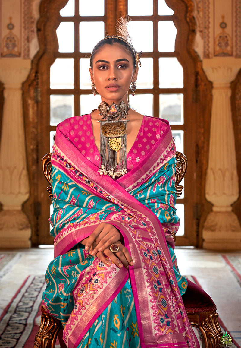 Monjolika Fashion Aqua Blue Patola Print Festival Contemporary Saree