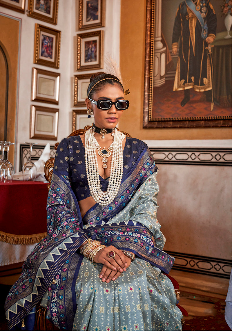 Monjolika Fashion Silk Light Grey With Navy Blue Border Printed Classic Saree