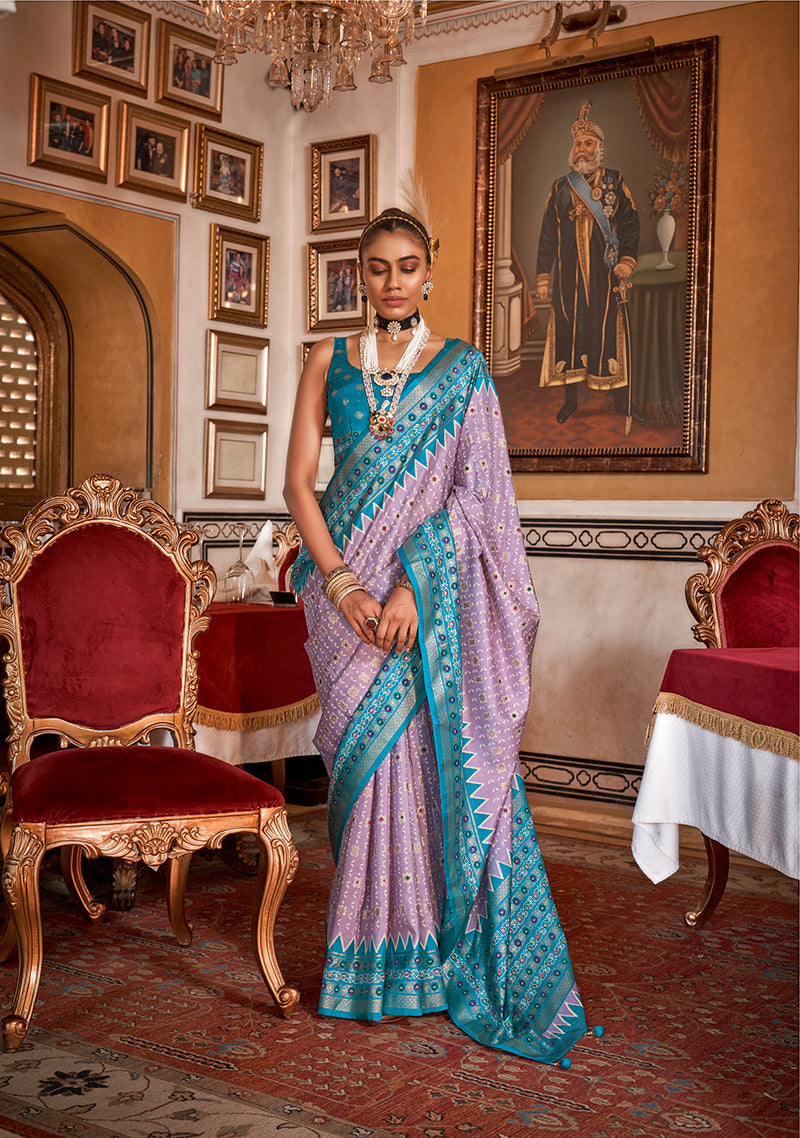 Monjolika Fashion Silk Lavender With Aqua Blue Border Printed Classic Saree