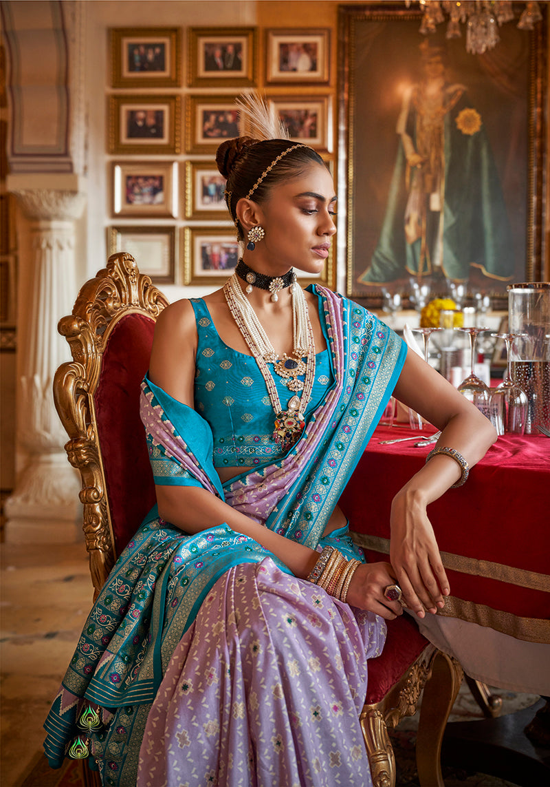 Monjolika Fashion Silk Lavender With Aqua Blue Border Printed Classic Saree