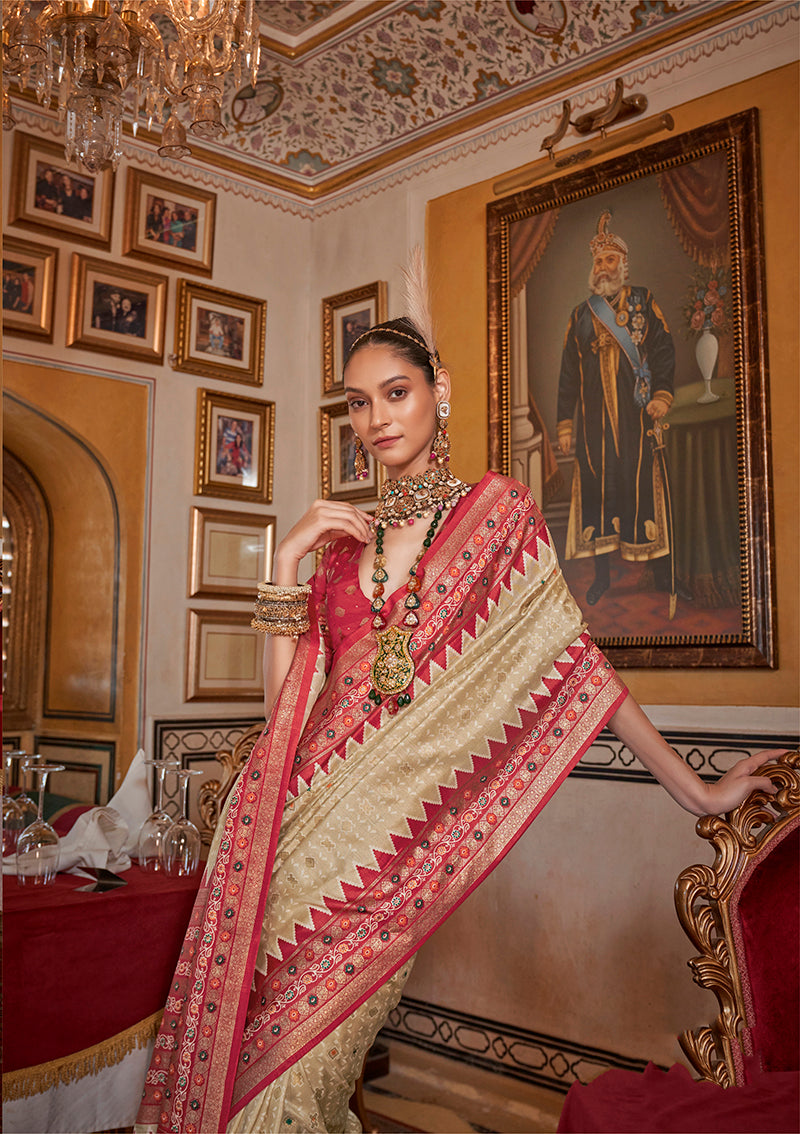 Monjolika Fashion Silk Cream With Red Border Printed Classic Saree