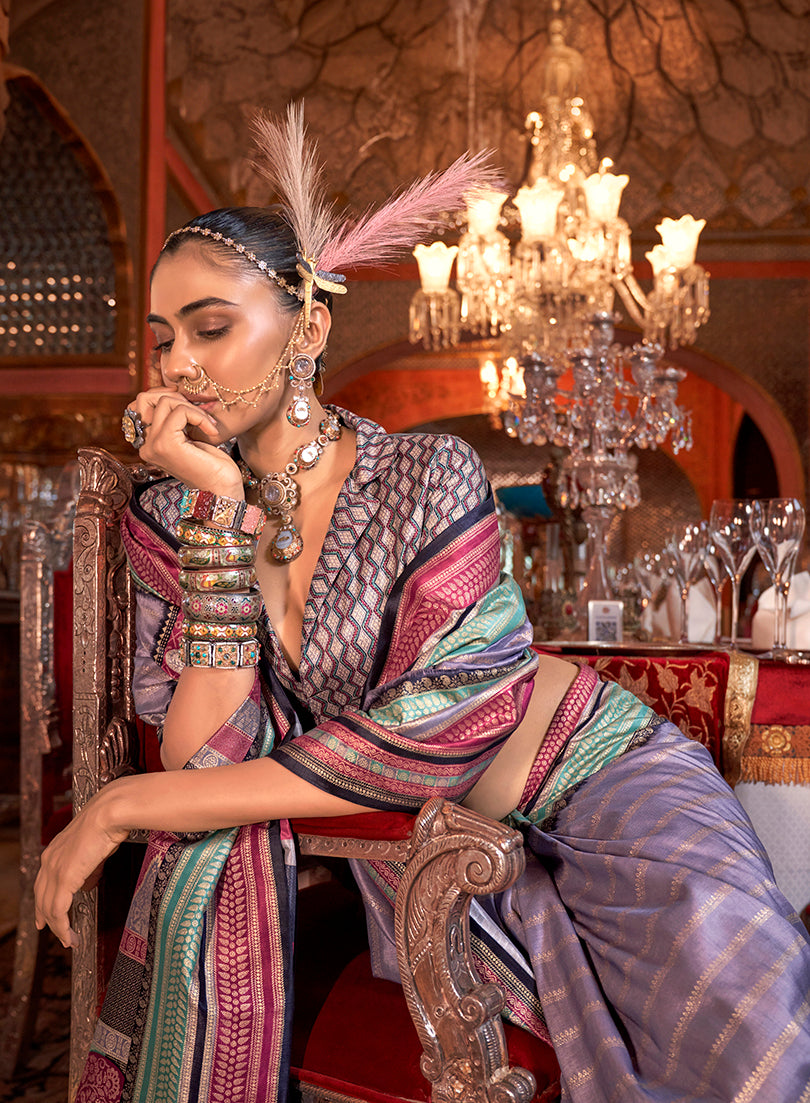 Monjolika Fashion Silk Weaving Zari Lavender Traditional Saree - Distacart
