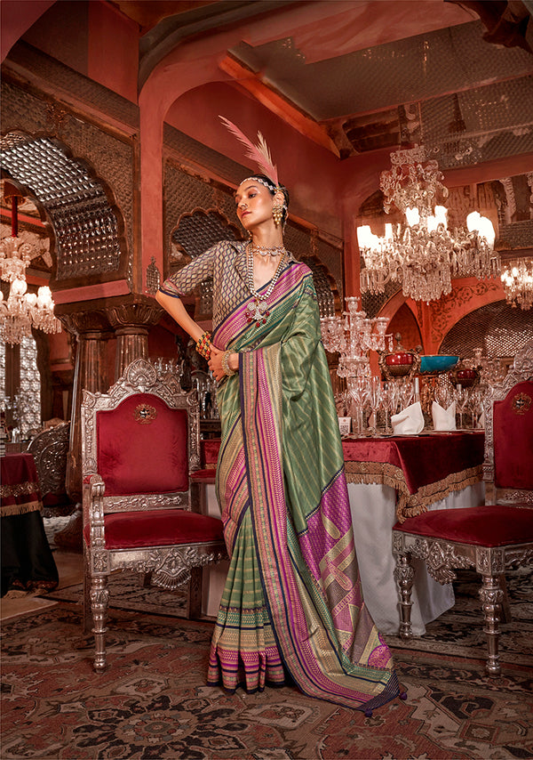 Monjolika Fashion Silk Weaving Zari Green Traditional Saree