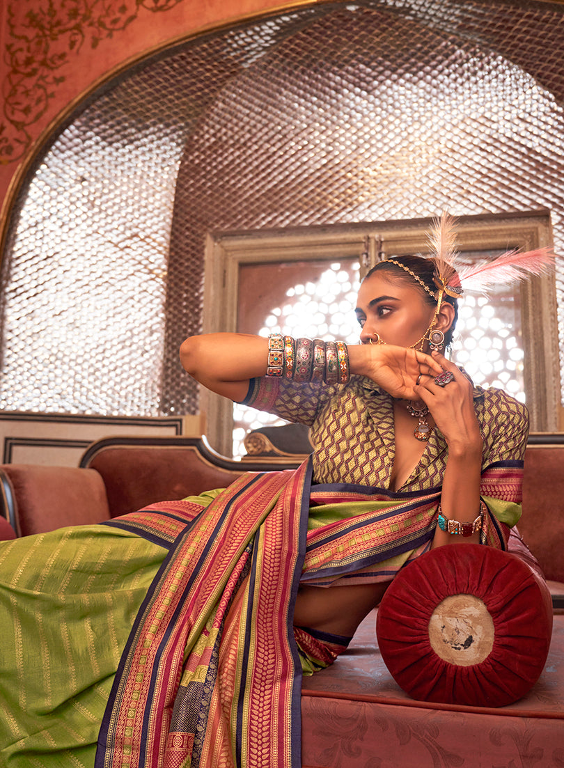 Monjolika Fashion Silk Weaving Zari Light Green Traditional Saree