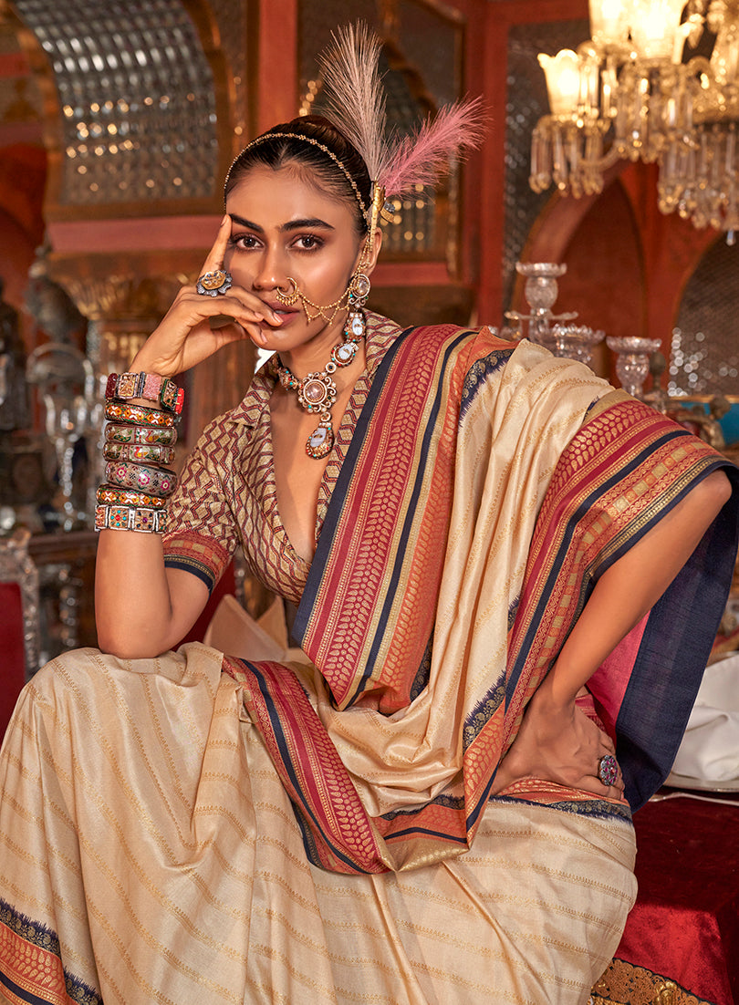 Monjolika Fashion Silk Weaving Zari Cream Traditional Saree