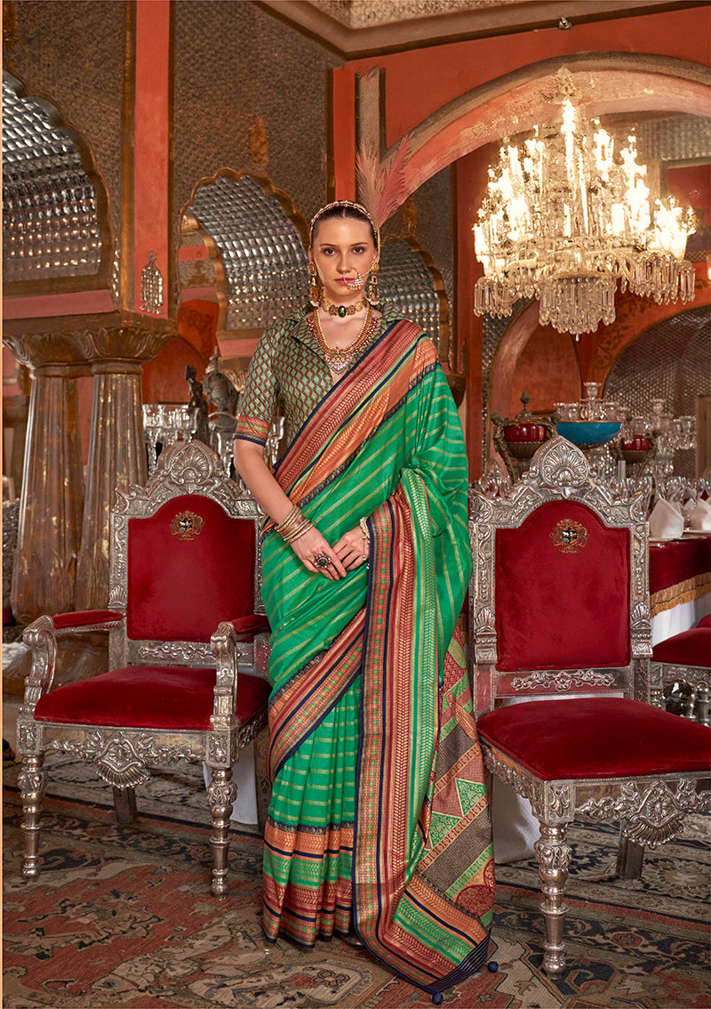 Monjolika Fashion Silk Weaving Zari Green Traditional Saree