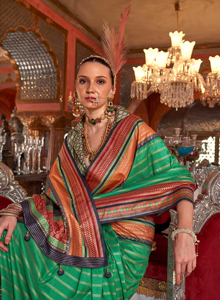 Monjolika Fashion Silk Weaving Zari Green Traditional Saree