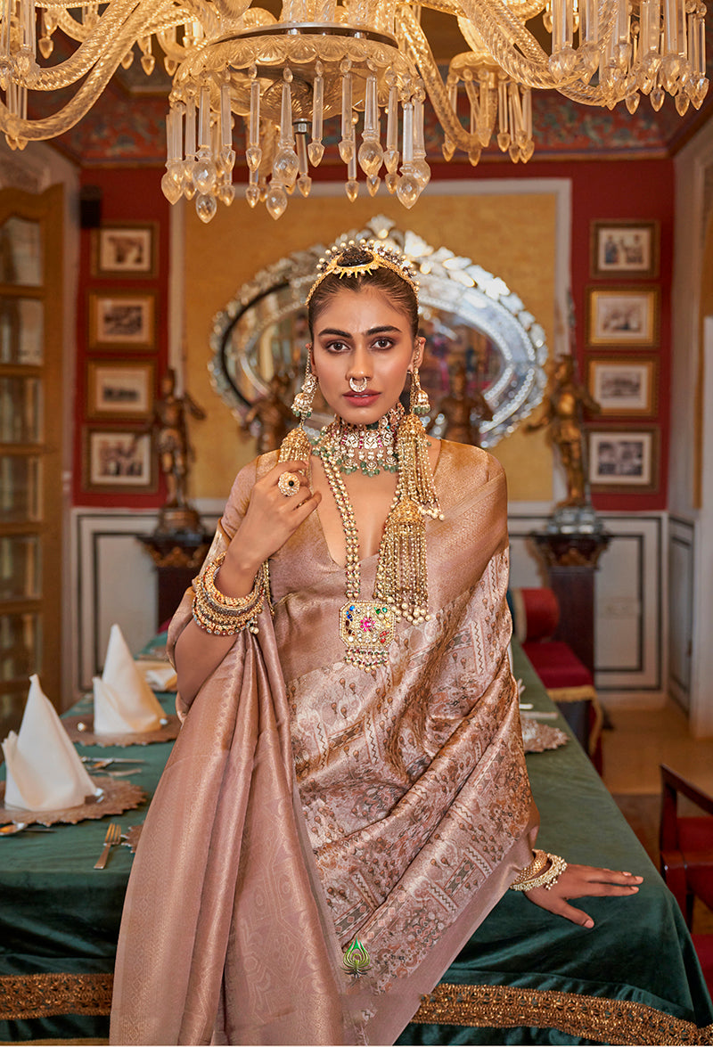 Monjolika Fashion Tussar Silk Digital Print Zari Border Light Peach Contemporary Saree